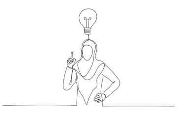 Cartoon of muslim businesswoman happy after got new idea. Single line art style