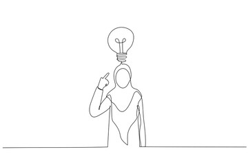 Cartoon of muslim businesswoman pointing to head with one finger found and remember idea. One line style art