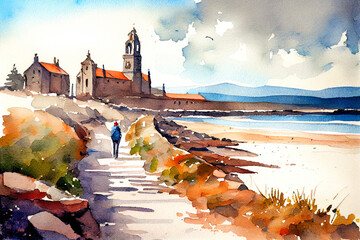 Way of St James , Camino de Santiago, Spain, watercolor landscape - obrazy, fototapety, plakaty