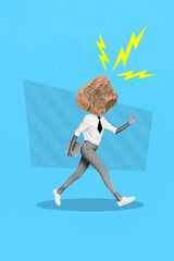Creative artwork headless caricature manager woman overworked rock head exhausted stressed walking...