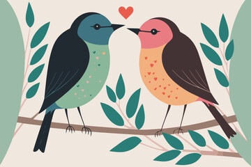 couple Love Birds perched on a branch of a Tree valentine day theme