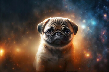 Generative AI illustration of the space french bulldog on the background of outer space. Beautiful fantastic wallpaper. Futuristic concept art.