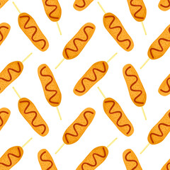 Korean street food seamless pattern. Gamja hotdog corndog with ketchup. Asian snacks on sticks. Cute doodle background.
