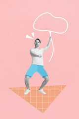 Collage photo poster invitation new party funny young guy dancing hold drawing transparent cloud empty space speech isolated on pink background