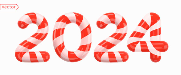 2024 White Numbers with Red Ribbon Wrapping. Merry Christmas and Happy New Year 2024 greeting card template. Cartoon style numerals isolated on white background. 3d Vector illustration