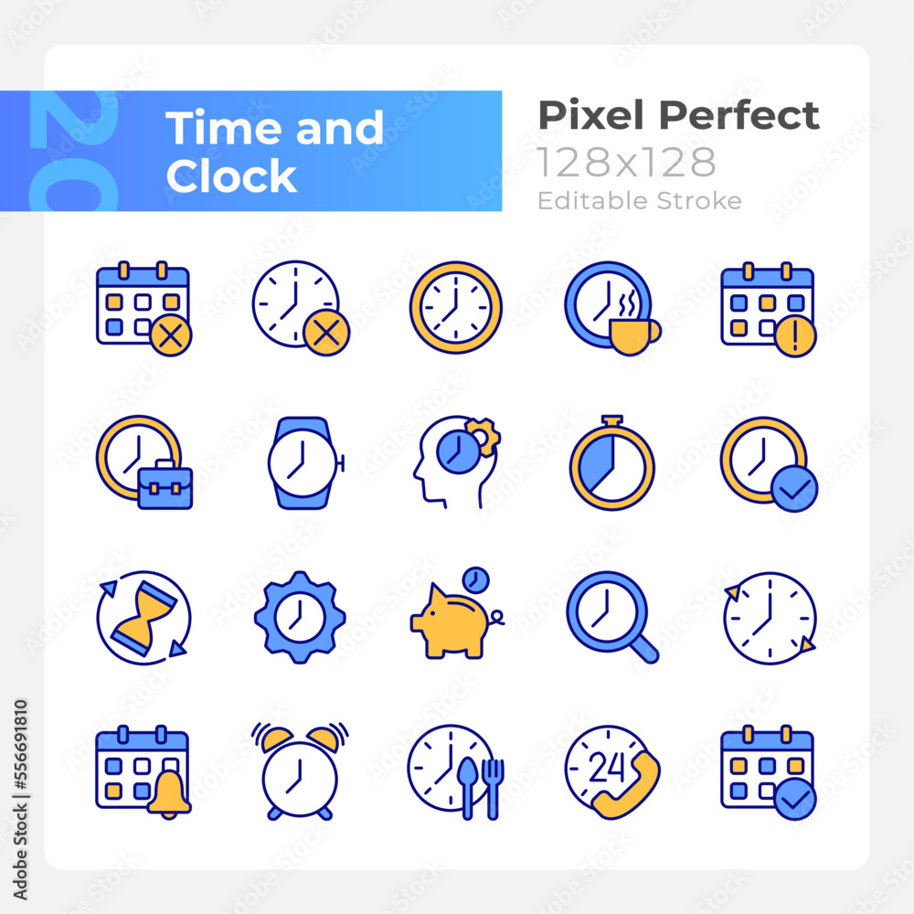 Poster time and clock pixel perfect rgb color icons set. daily schedule. isolated vector illustrations. sim
