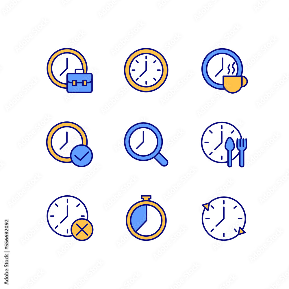 Poster timekeeping in daily life pixel perfect rgb color icons set. manage time at workplace. clock device.