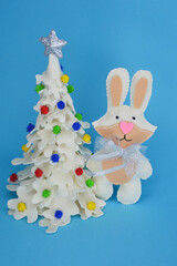 decor on a blue background. children's toys. decoration for a Merry Christmas and a Happy New Year. winter holidays.