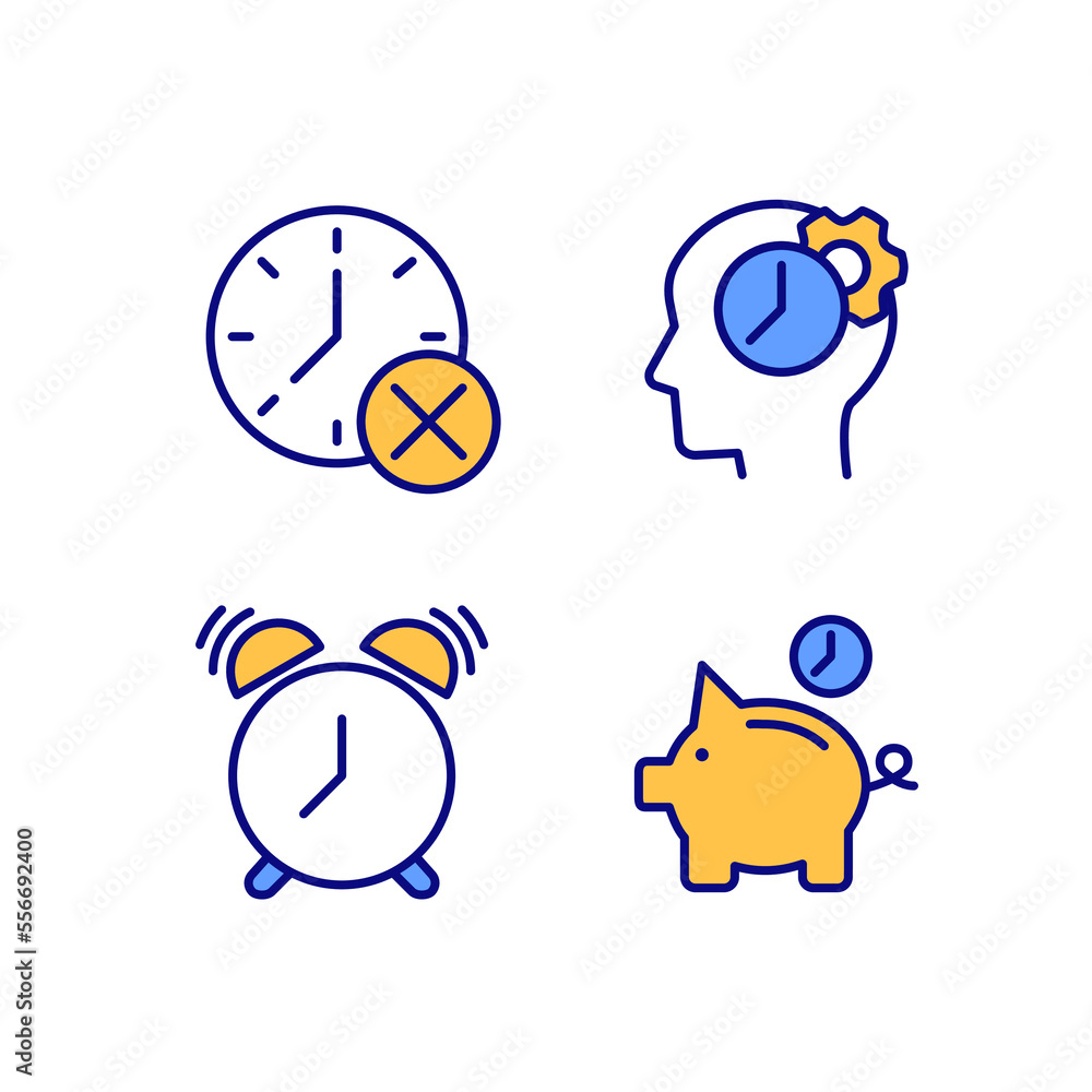 Poster Organizing time wisely pixel perfect RGB color icons set. Thinking process. Alarm clock. Deadline cancel. Isolated vector illustrations. Simple filled line drawings collection. Editable stroke