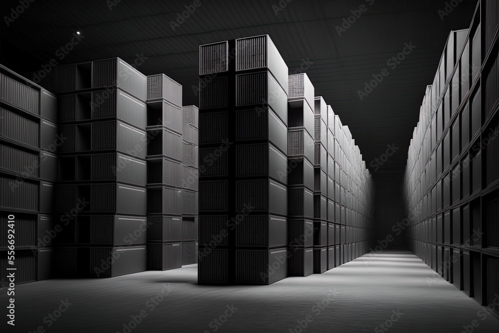 Poster boxes piled in rows at a warehouse generative ai