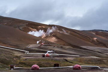 Krafla geothermal power plant on hill