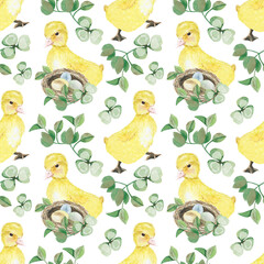 duck and ducklings watercolor easter seamless pattern png
