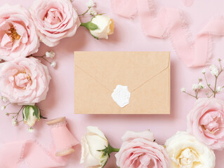 Obraz na płótnie Canvas Blank sealed envelope between pink roses and pink silk ribbons on pink top view, wedding mockup