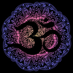 Om, aum symbol of Hinduism, sign in mandala isolated on black background. 