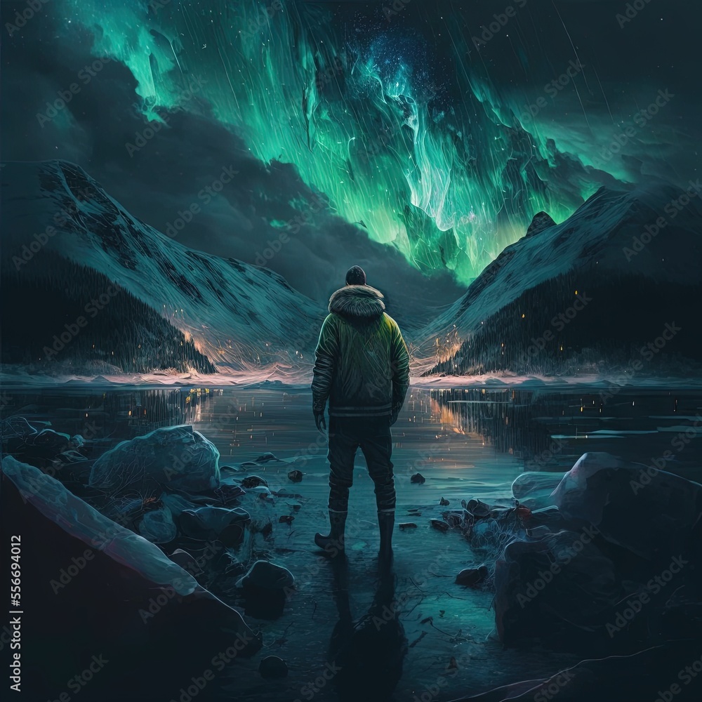 Poster a person standing in winter and looking at northern lights on the sky.