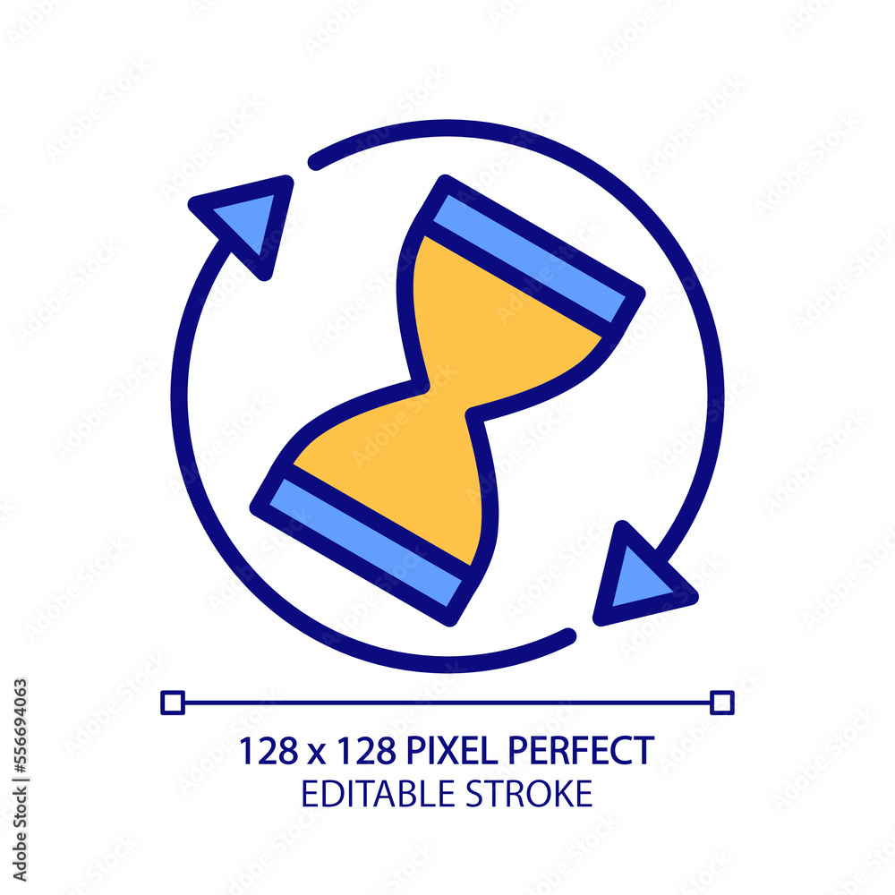 Poster rotating sand clock pixel perfect rgb color icon. spinning sandglass. waiting, loading process. isol