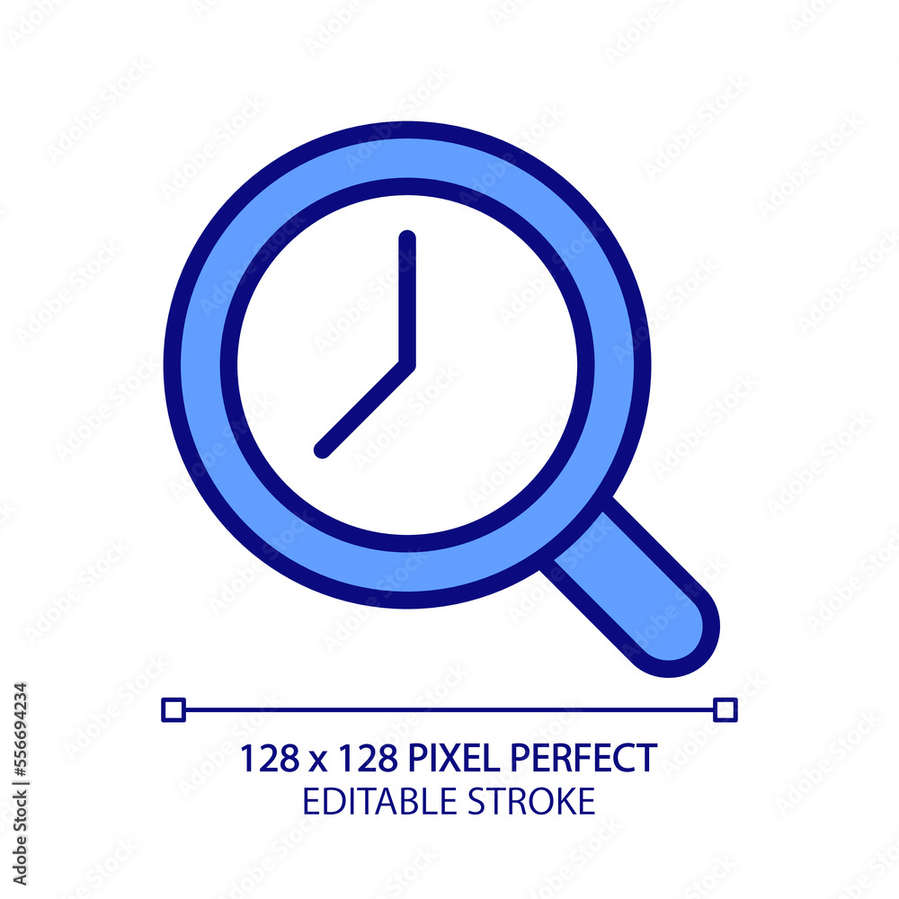 Aufkleber magnifying glass with clock pixel perfect rgb color icon. time tracking. dial inside loupe. estimati