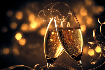 Champagne glass cheering, celebrating new year's eve. Holiday celebration and drink toast. 