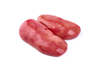Raw pork kidneys, offals, isolated on white background. High resolution image.