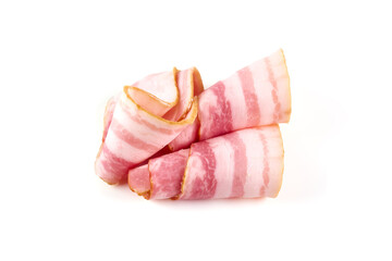 Slices of smoked brisket, pork bacon, isolated on white background.