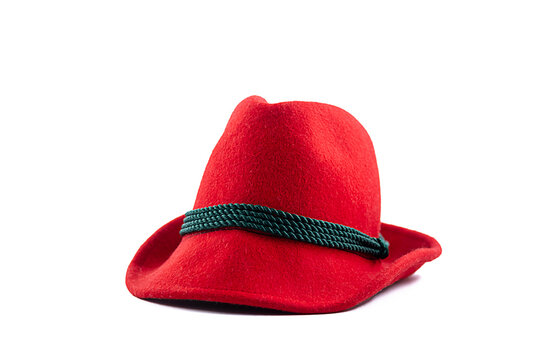 Felt Tyrolean hat on white. Ocktoberfest Bavarian red hat.