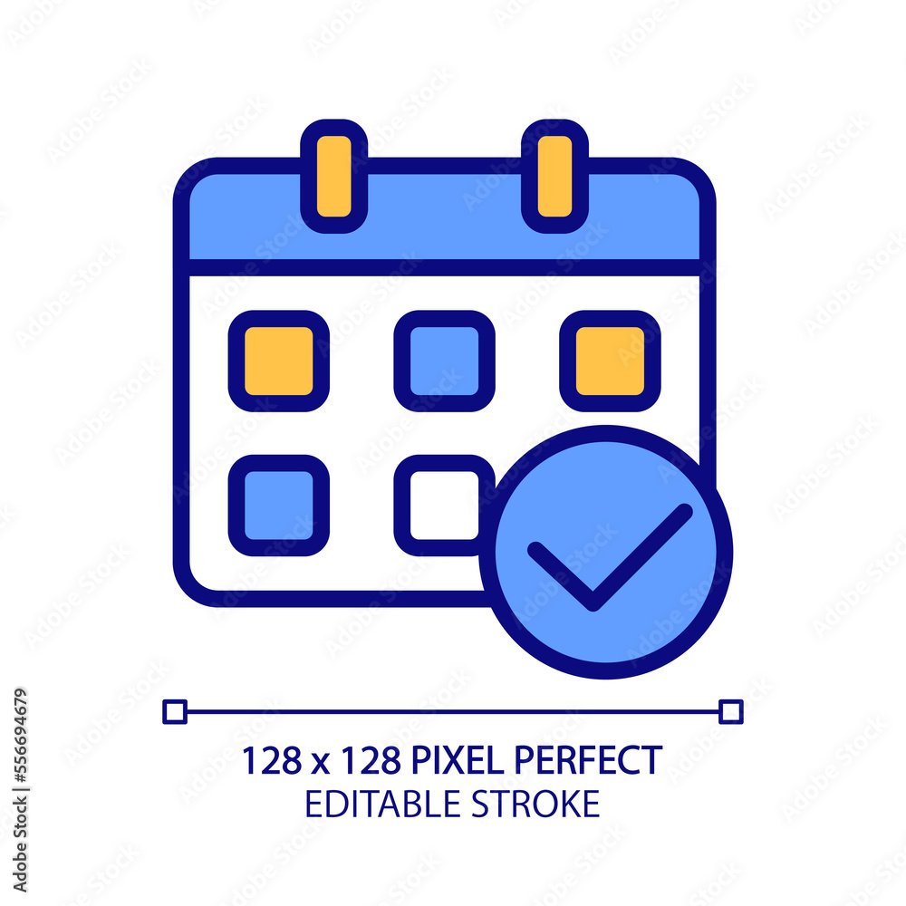 Poster Calendar with check mark pixel perfect RGB color icon. Organizer management. Confirm appointment date. Isolated vector illustration. Simple filled line drawing. Editable stroke. Arial font used