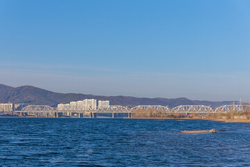 Fototapeta premium View of the bridge across the Yenisei river in Krasnoyarsk, Russia