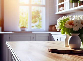 A vase of white flowers on a wooden table in an Italian-style kitchen full of sunshine. Bright kitchen interior background.	
