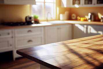 Wooden table surface in an Italian-style kitchen full of sunshine. Bright kitchen interior background.	