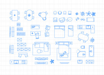 Construction drawing furniture icons for living room, bathroom, kitchen, bedroom drawing on light background.