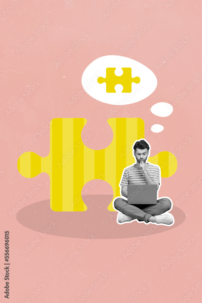 Aufkleber Creative abstract collage template graphics image of thoughtful guy playing jigsaw game modern gadget isolated drawing background