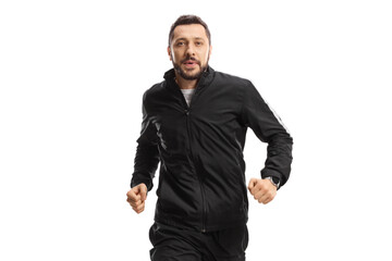 Man in black tracksuits running