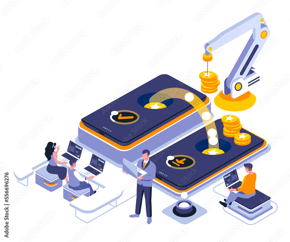Fototapete mobile banking landing page template. online smartphone payment website header ui layout with isomet
