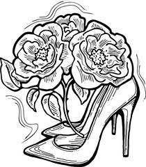Beautiful vector composition. High heels shoes decorated with rose flowers. Wedding style invitation, fashion poster, postcard print, shoe shop logo design, shopping sale promotion. Hand drawing.