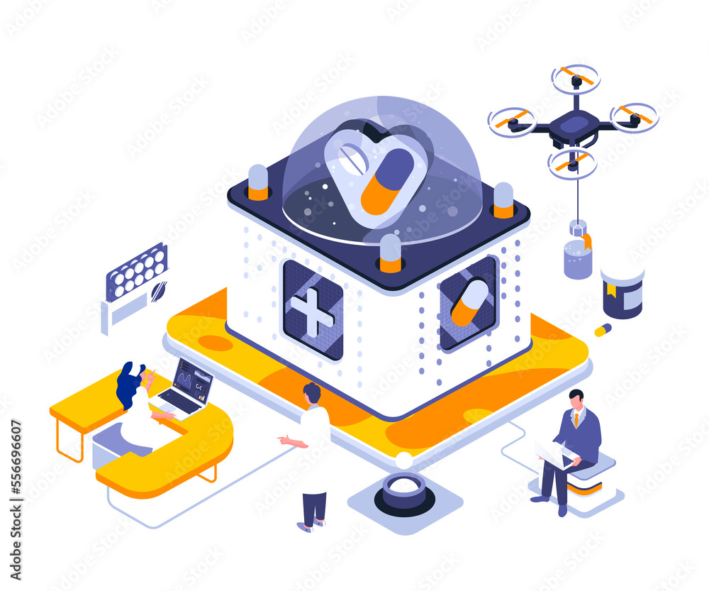 Aufkleber Medicine landing page template. Emergency health care aid website header UI layout with isometric illustration. Medicaments and prescription laboratory web banner isometry concept