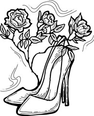 Beautiful vector composition. High heels shoes decorated with rose flowers. Wedding style invitation, fashion poster, postcard print, shoe shop logo design, shopping sale promotion. Hand drawing.