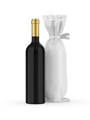 Blank wine bottle with pouch bag For Branding. 3d render illustration.