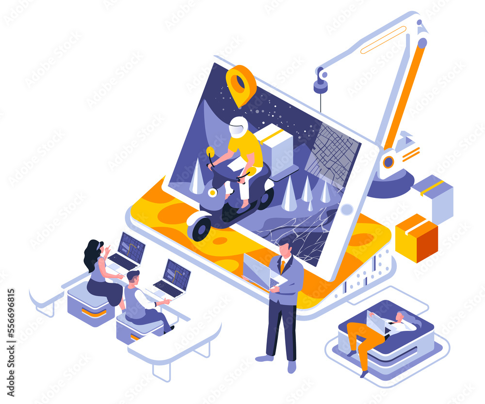 Fototapete Online delivery landing page template. Ordered parcel shipment website header UI layout with isometric illustration. Express logistics, product distribution web banner isometry concept