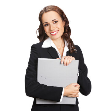 Portrait image of happy smiling young business woman black confident suit with grey folder. Executive office worker, teacher or real estate agent,  isolated over white background