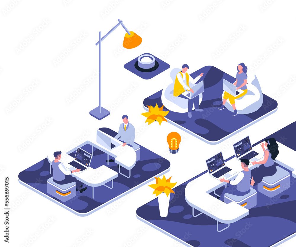 Fototapete Coworking office landing page template. Freelance startup team website header UI layout with isometric illustration. Professional meeting in workplace web banner isometry concept