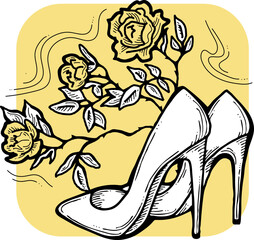 Beautiful vector composition. High heels shoes decorated with rose flowers. Wedding style invitation, fashion poster, postcard print, shoe shop logo design, shopping sale promotion. Hand drawing.