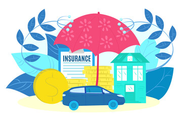 Umbrella protection symbol, property insurance concept, vector illustration. Flat safety business, care about home, car, money security.