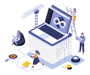 Web development landing page template. Program usability and performance website header UI layout with isometric illustration. Fullstack app engineering, devops web banner isometry concept