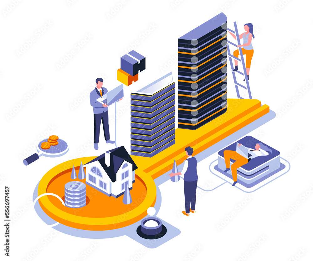 Poster real estate landing page template. private property website header ui layout with isometric illustra