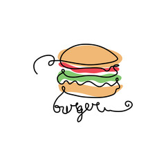burger continuous line art with watercolor