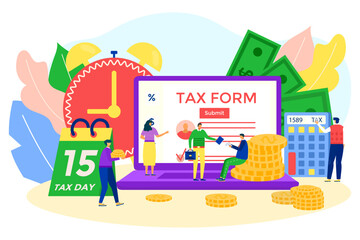 Online tax money financial payment concept, vector illustration. Business man woman people character with account pay flat bill to banking service.