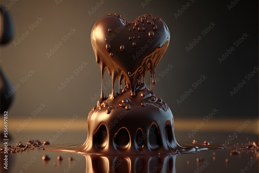 Poster a chocolate heart shaped cake with chocolate syrup on top of it and a drop of chocolate on the botto