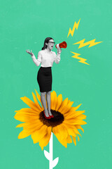 Creative photo 3d collage artwork poster of angry young woman shouting stop russian aggression war...