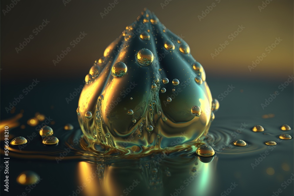 Poster a drop of water with bubbles on a surface with a dark background and a yellow light behind it., gene