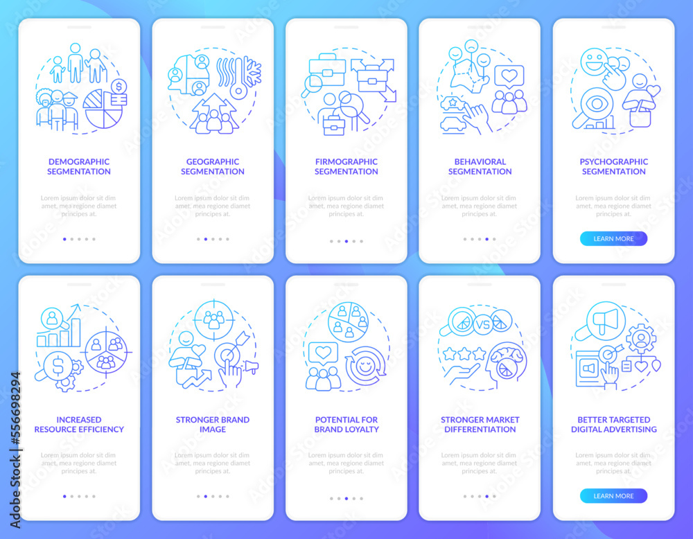 Poster market segmentation blue gradient onboarding mobile app screen set. walkthrough 5 steps graphic inst